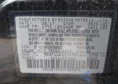 2017 Nissan Sentra Sv from USA, damaged, VIN 3N1AB7AP2HY384872